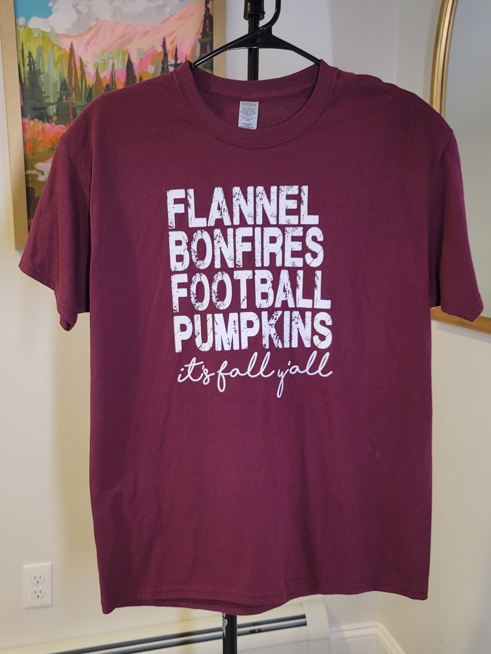 NWT Flannel Bonfires Football Pumpkins Graphic Tee Maroon Women's Size L